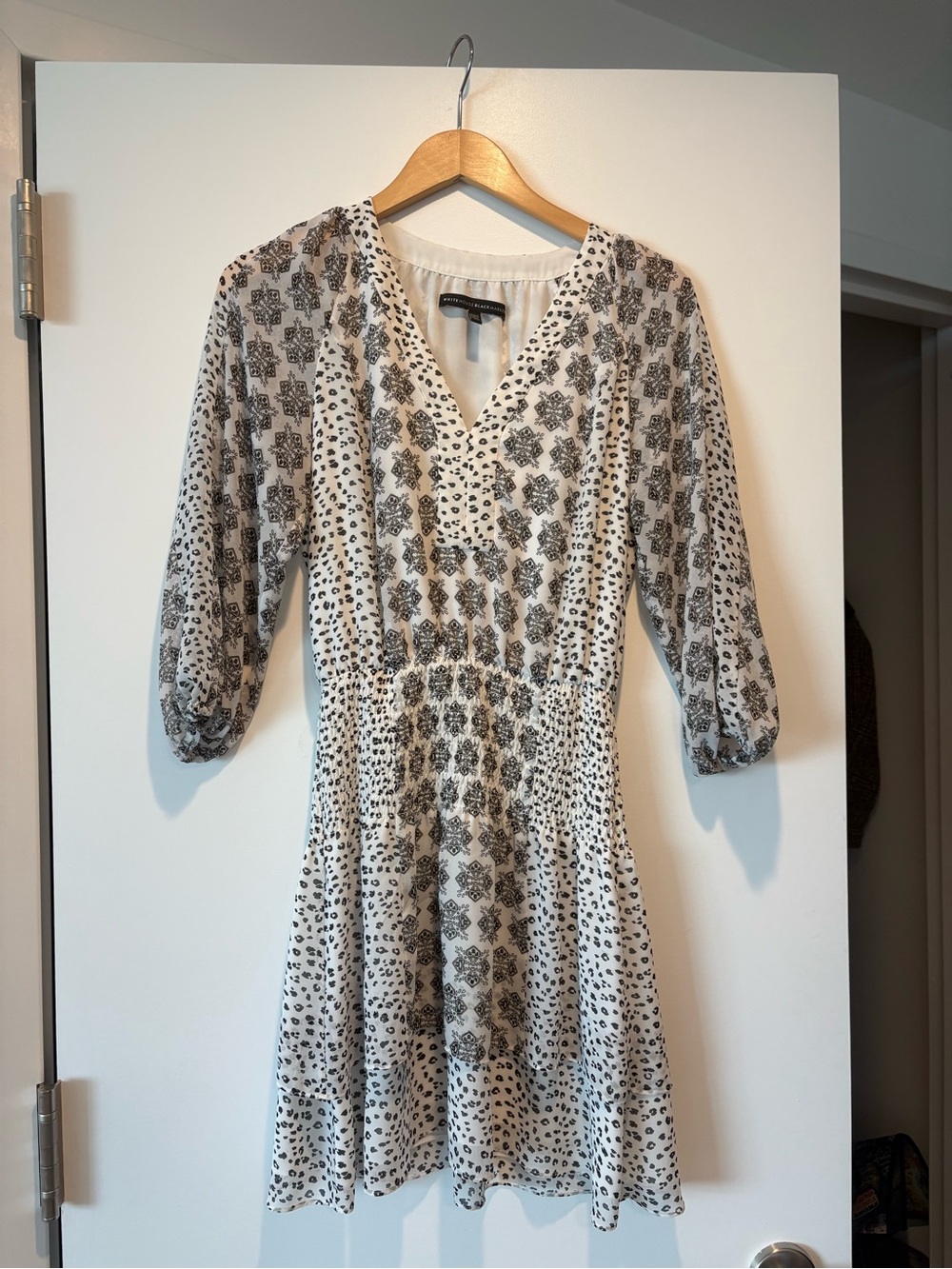 White House Black Market Cream and Black Printed V-Neck Smocked Waist Mini Dress